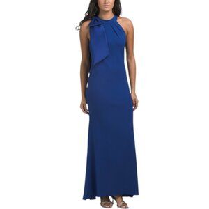 BETSY & ADAM Made In Usa Bow Shoulder High Neck Gown